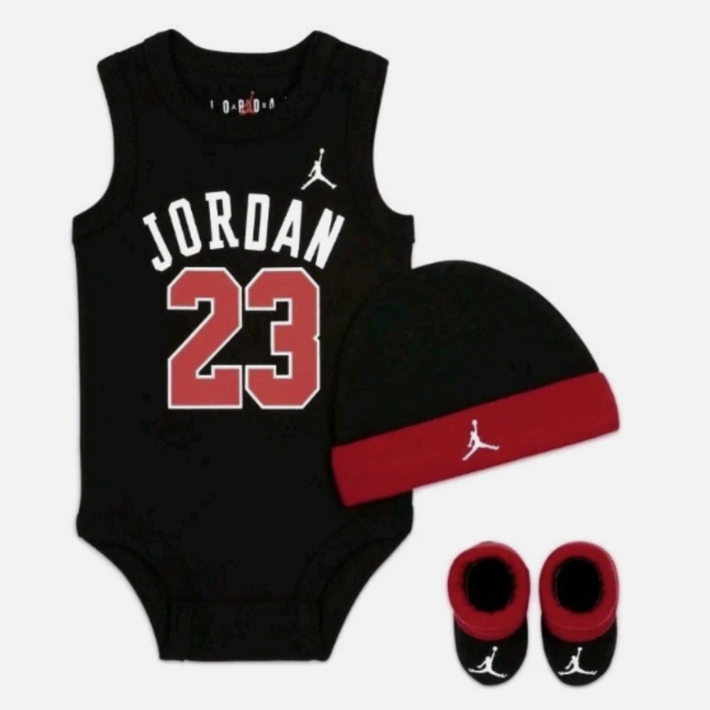Jordan Baby Boys 3Pc Outfit Set Hat Bodysuit Booties 0-6M Jersey Black Red NIB